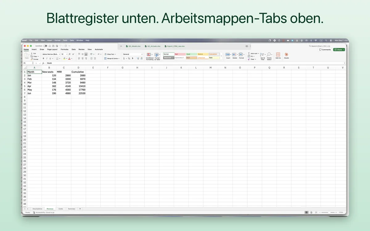 „Blattregister unten. Arbeitsmappen-Tabs oben.“ — die TabBar-Leiste über Microsoft Excel auf einem Mac, mit einem Tab für jede geöffnete Arbeitsmappe und Excels eigenen Blattregistern am unteren Rand.