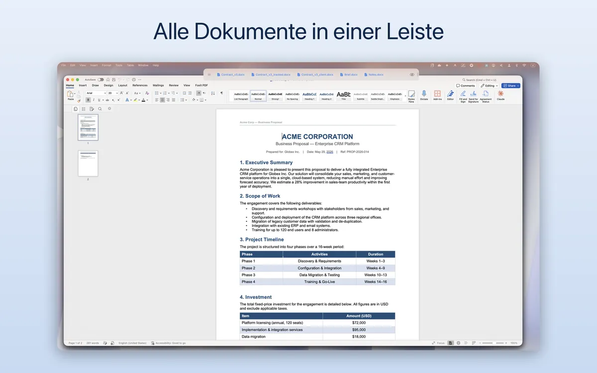 „Alle Dokumente in einer Leiste“ — die TabBar-Leiste über Microsoft Word auf einem Mac, mit einem Tab für jedes von fünf geöffneten Dokumenten.