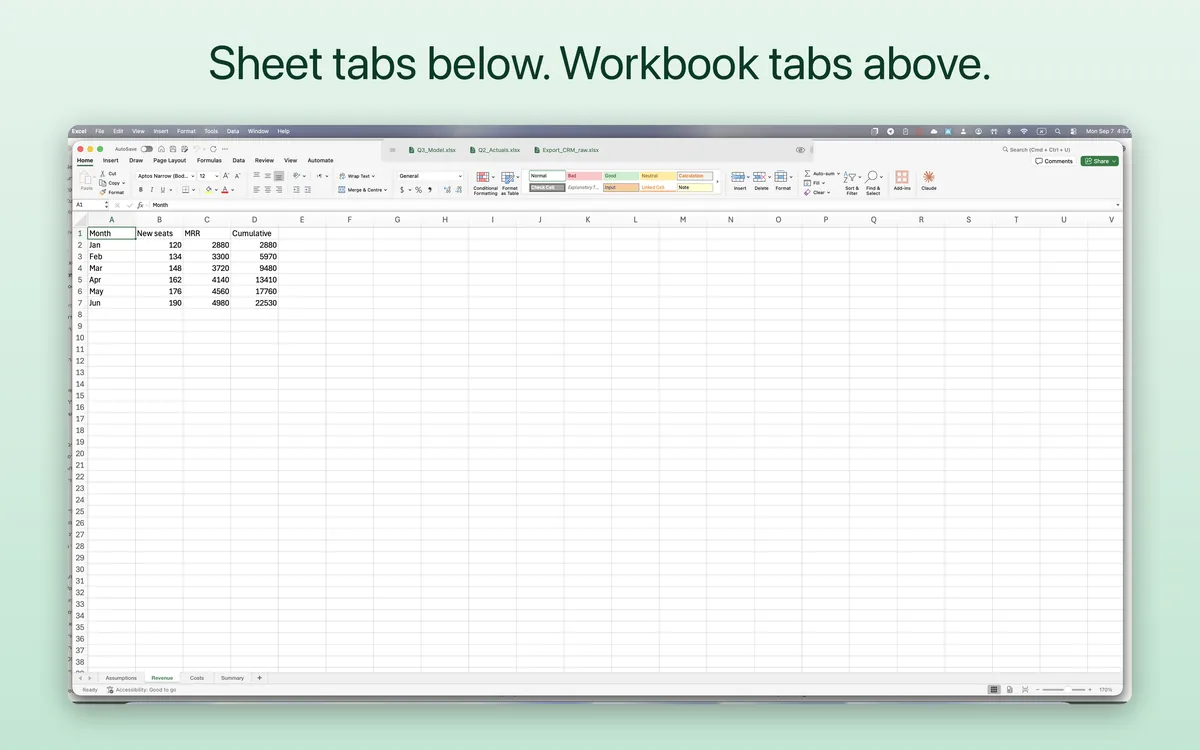 “Sheet tabs below. Workbook tabs above.” — the TabBar bar above Microsoft Excel on a Mac, with a tab for each open workbook and Excel's own sheet tabs along the bottom.