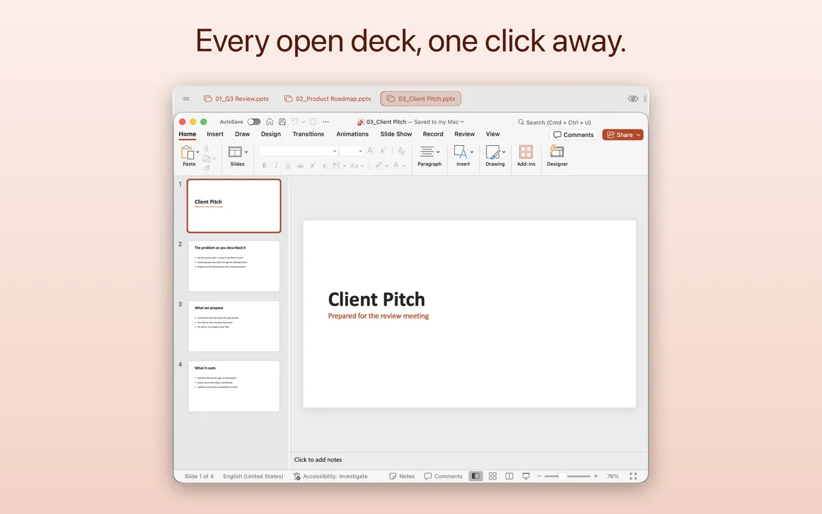 “Every open deck, one click away.” — the TabBar bar above Microsoft PowerPoint on a Mac, with a tab for each of four open presentations and the current one marked.