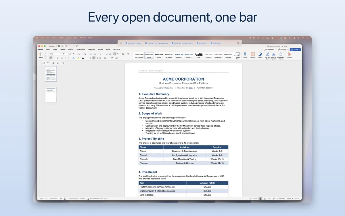 “Every open document, one bar” — the TabBar bar above Microsoft Word on a Mac, with a tab for each of five open documents.