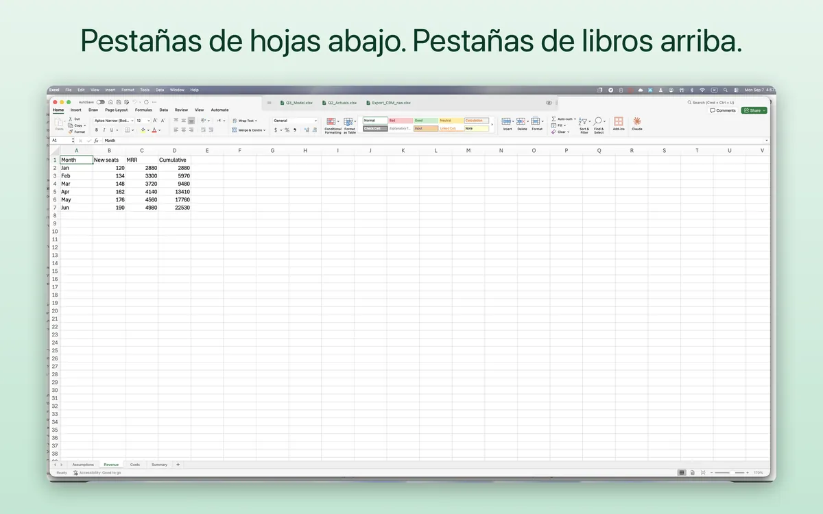 «Pestañas de hojas abajo. Pestañas de libros arriba.» — la barra de TabBar sobre Microsoft Excel en un Mac, con una pestaña por cada libro abierto y las propias pestañas de hojas de Excel en la parte inferior.
