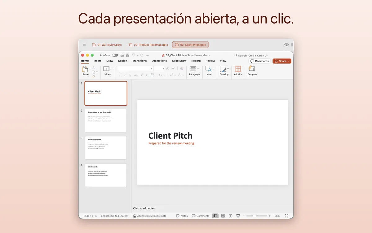 «Cada presentación abierta, a un clic.» — la barra de TabBar sobre Microsoft PowerPoint en un Mac, con una pestaña por cada una de las cuatro presentaciones abiertas y la actual marcada.