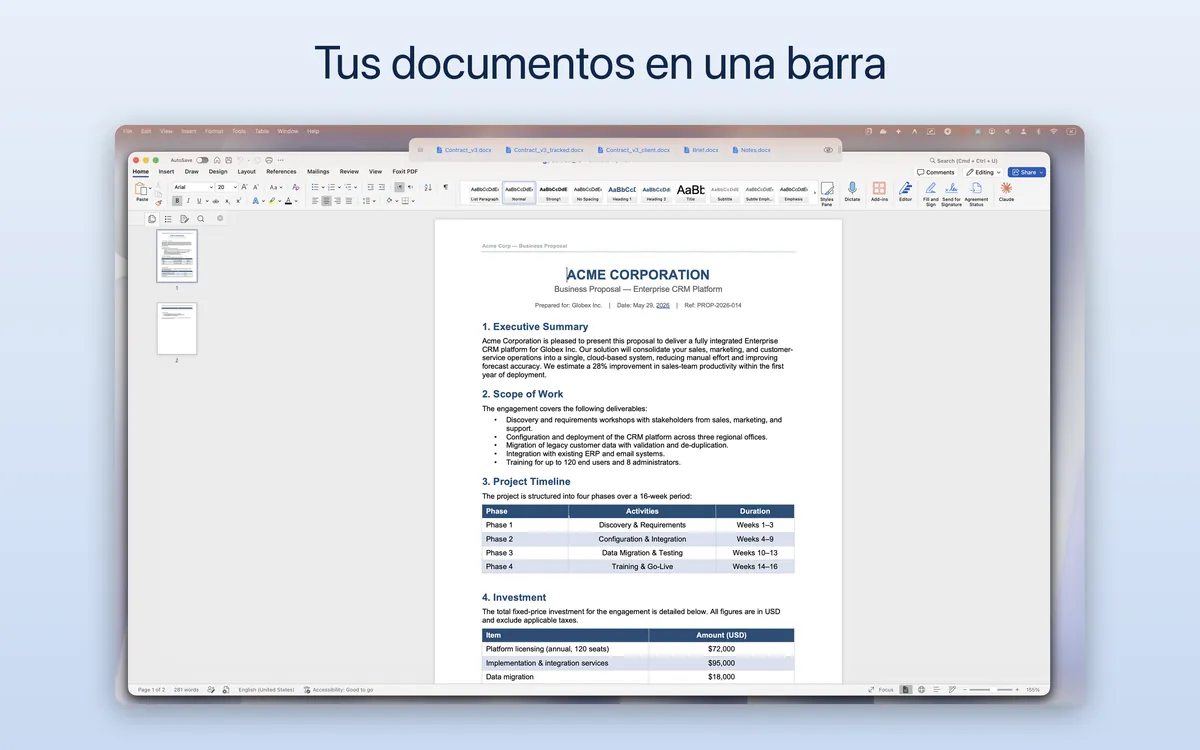 «Tus documentos en una barra» — la barra de TabBar sobre Microsoft Word en un Mac, con una pestaña por cada uno de los cinco documentos abiertos.