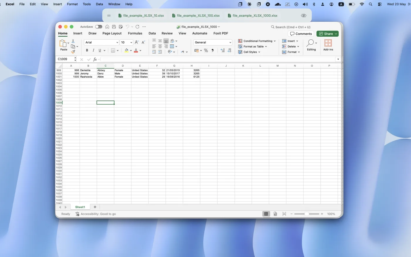 Microsoft Excel with the TabBar floating tab bar on Mac