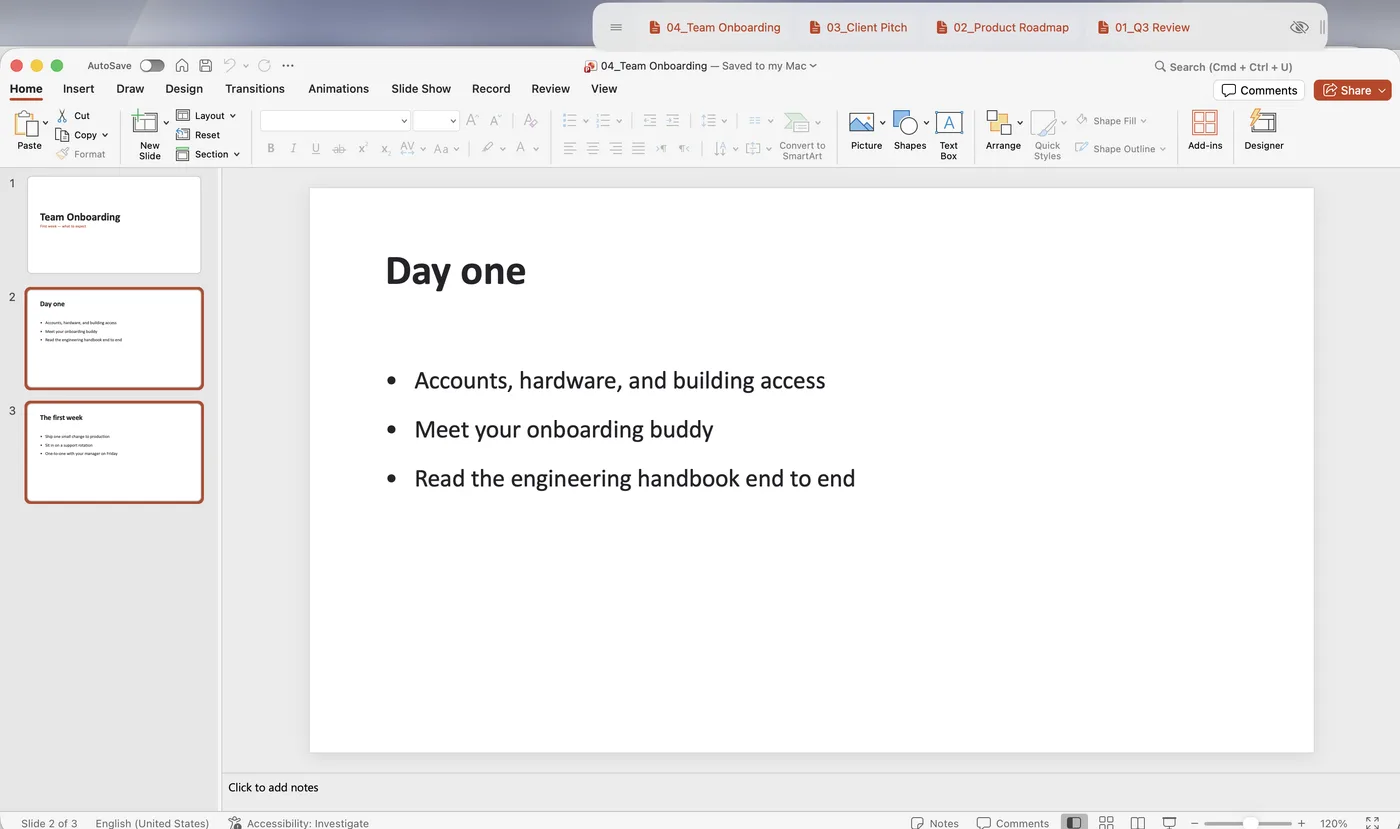 Microsoft PowerPoint with the TabBar floating tab bar on Mac