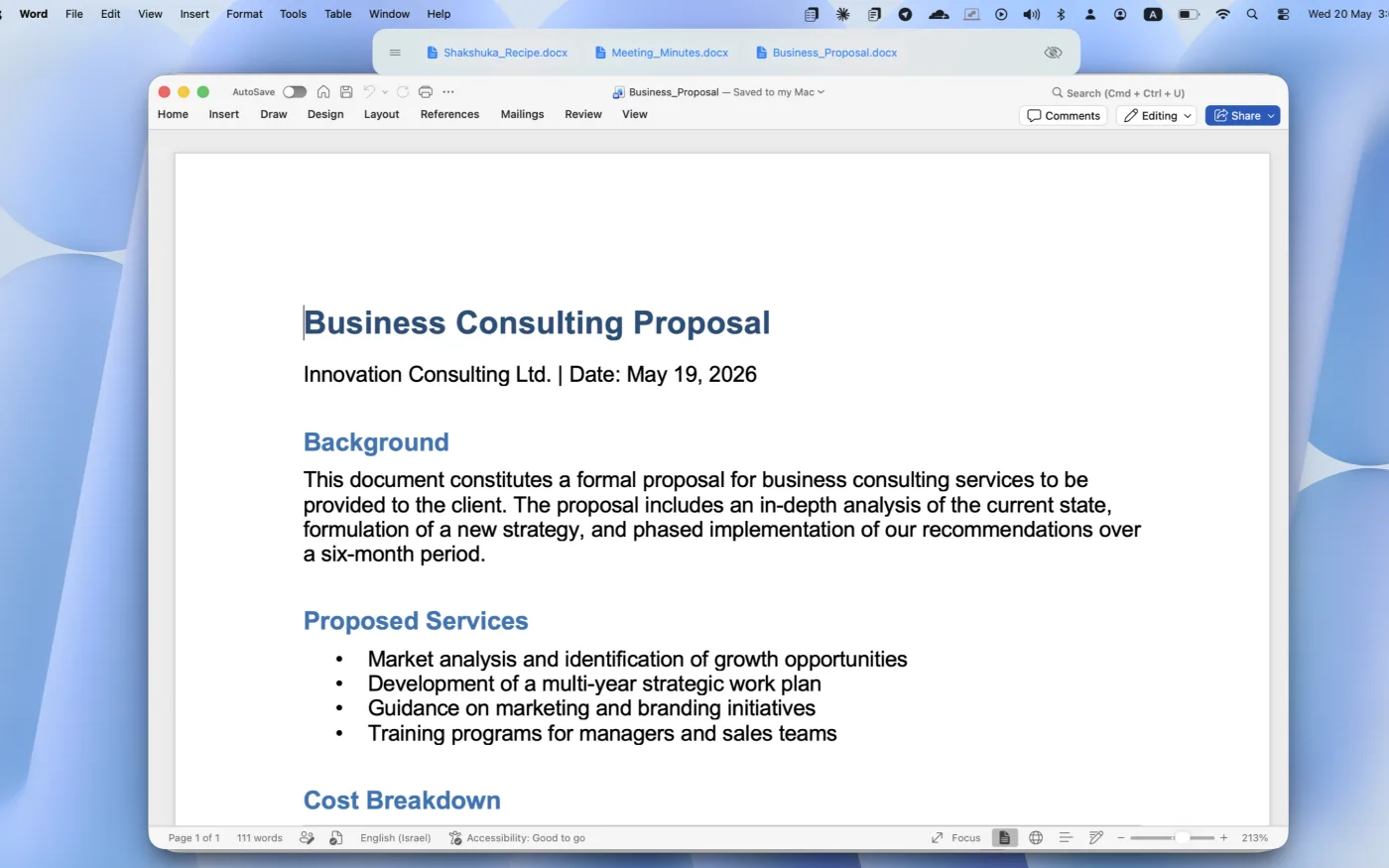 Microsoft Word with the TabBar floating tab bar on Mac